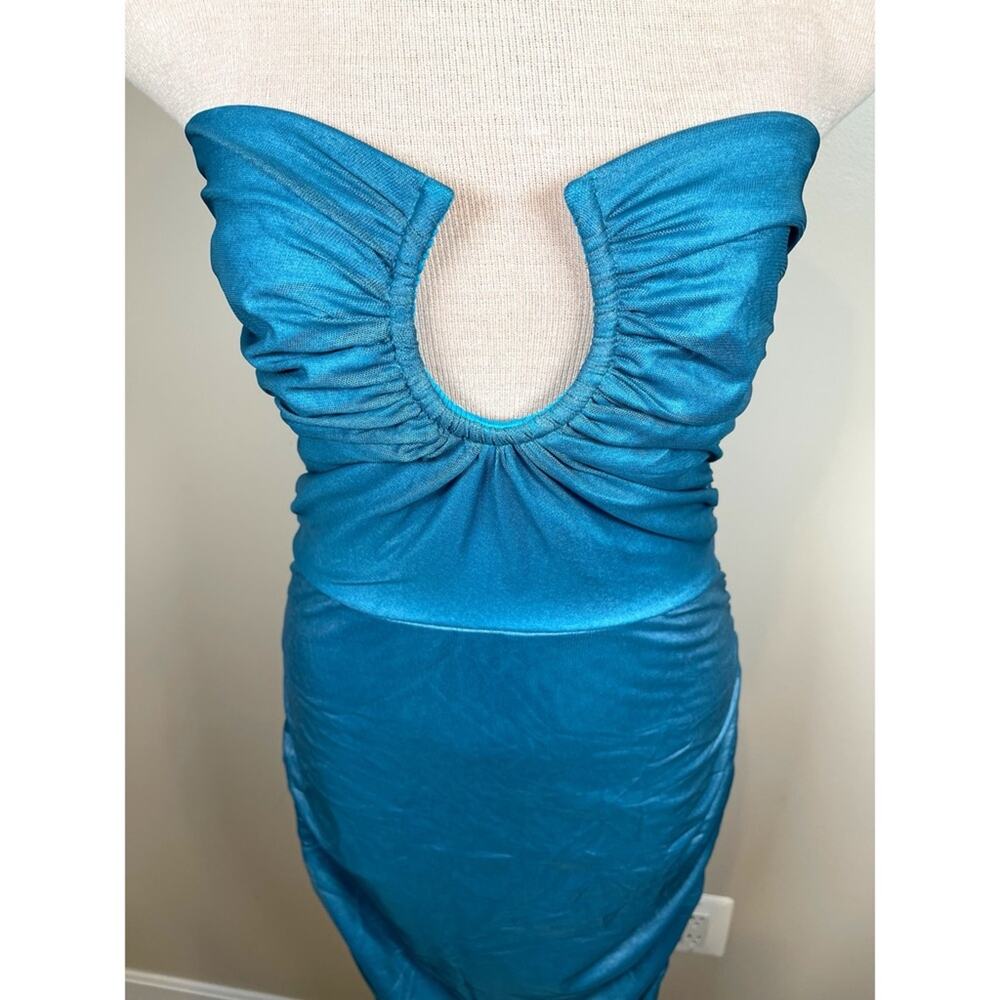 BAOBAB Magalenha Metallic Ruched Strapless Bodycon Sea Blue Maxi Dress Size M - Picture 3 of 7